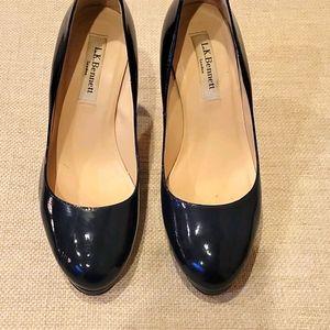 LK Bennett Navy Patent Sledge Pumps